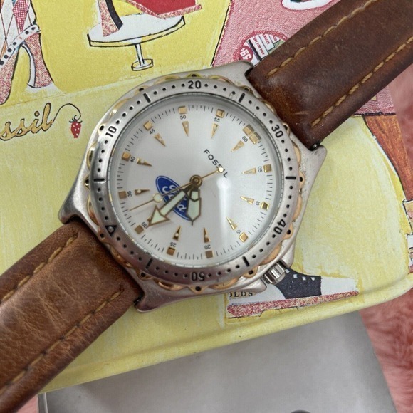 Women’s Stainless Steel Fossil Watch With Ford Logo And Leather Wristband - Picture 2 of 3